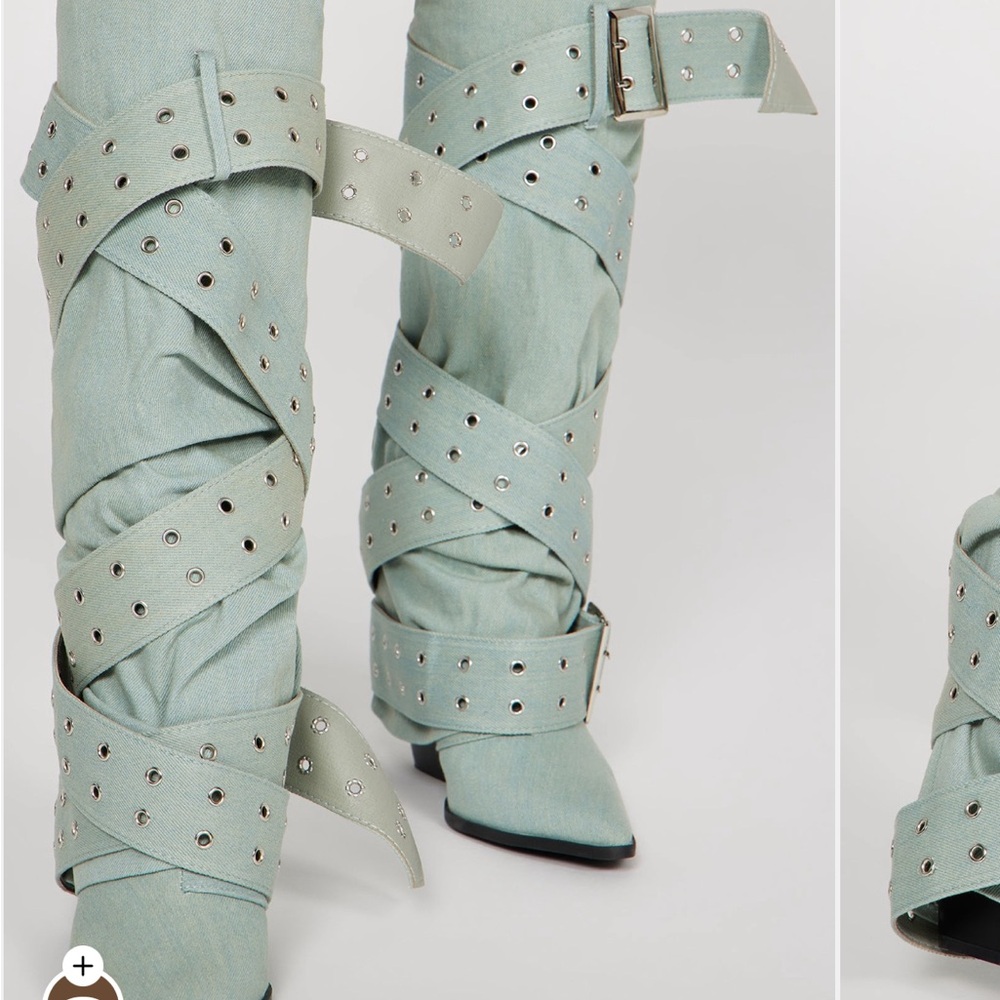 Fashion Nova tie you down, overlay boots - light wash
